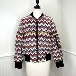 Flawless Size M Bomber Jacket Colorful Rainbow Tweed Chevron Front Zip Pockets